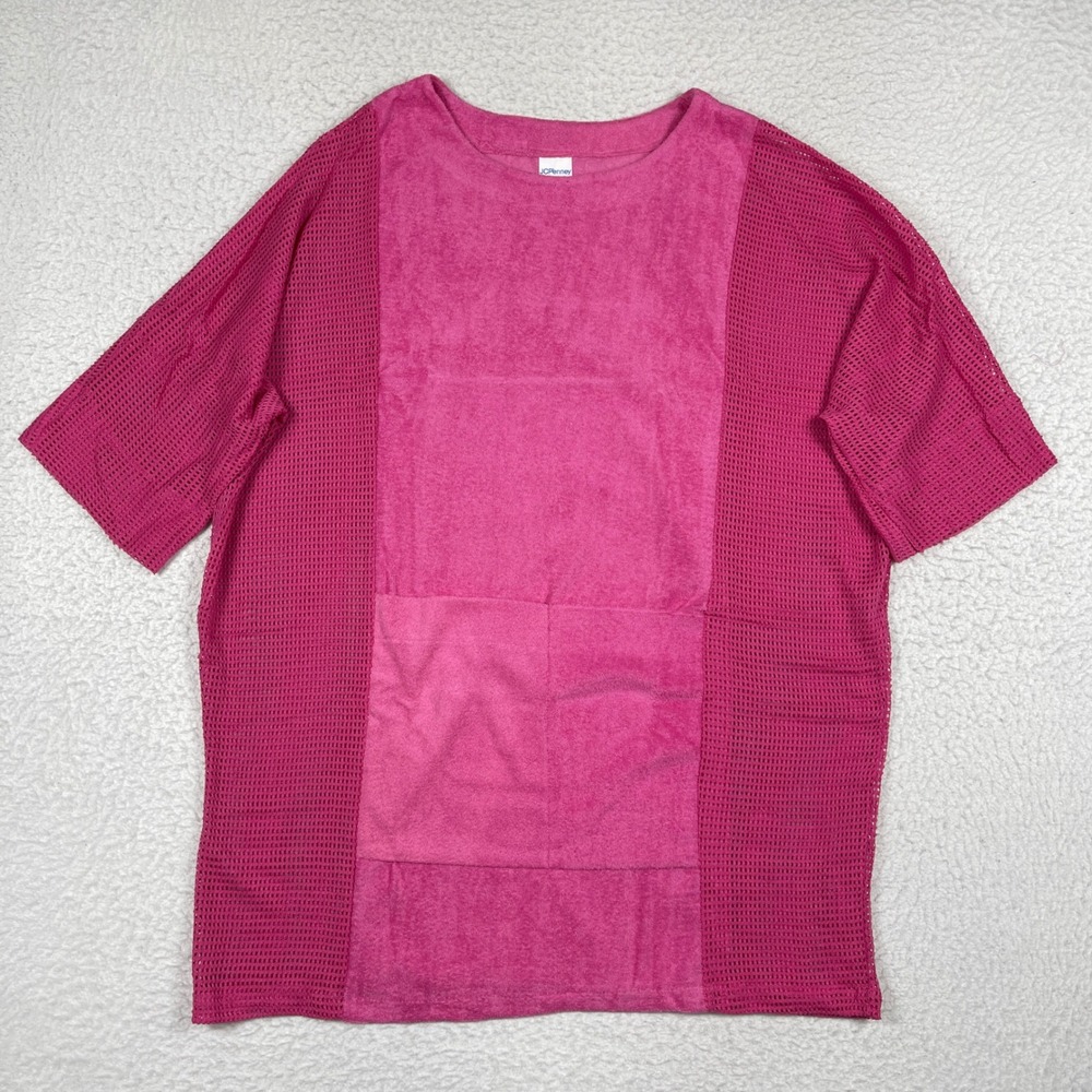 VTG 70s JCPenney Pink Terry Cloth Mesh‎ Swim Cover Up Shirt Oversized XL Retro